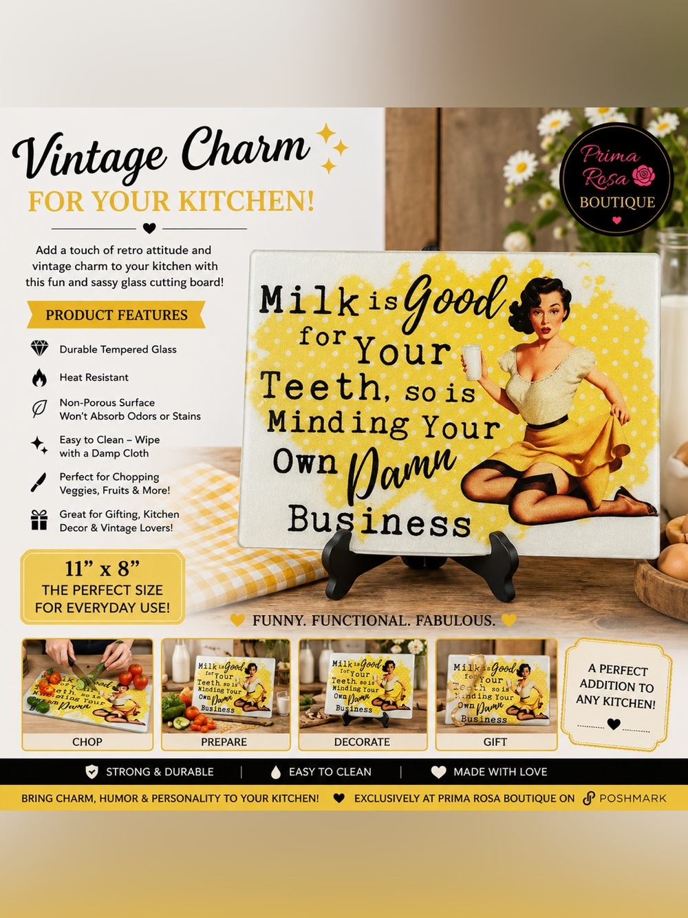 Retro Style Glass Cutting Board with Pin-Up Design
